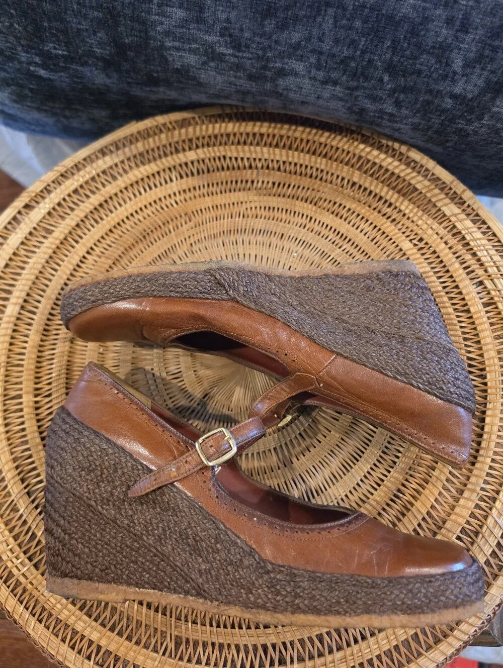 Vintage 1970's Sophisticates Raffia/Leather Mary Jane Wedge Coquette Girl